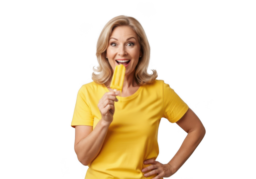 Joyful blonde woman wearing a bright yellow t shirt enthusiastically eating a delicious frozen treat on a stick isolated on transparent background - Powered by Adobe