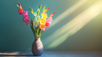 Five-colored Gladiolus flowers in a simple, matte vase, bright atmosphere, sunlight, candy colors, colorful