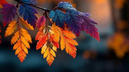 Vibrant Autumn Leaves With Dew Drops Sparkling In Sunlight