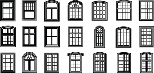 Collection of Various Architectural Window Frames and Sashes, Featuring Arched, Rectangular, and Bay Designs, Building Element Construction Flat Vector Illustration