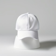 A simple white baseball cap displayed on a smooth pedestal against a neutral background.
