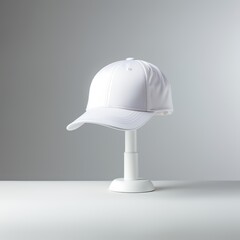 A minimalist white cap displayed on a stand against a light background, showcasing its clean design and modern aesthetic.