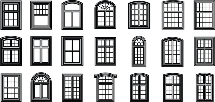 Collection of Various Architectural Window Frames and Sashes, Featuring Arched, Rectangular, and Bay Designs, Building Element Construction Flat Vector Illustration