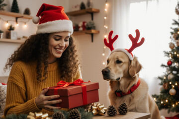 Joyful Christmas celebration unfolds as a young woman and her golden retriever engage in a heartwarming gift exchange, creating precious memories during the festive season