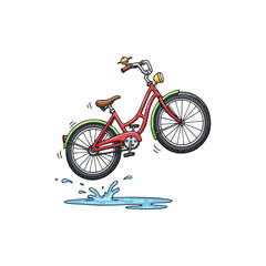 Fototapeta premium Cartoon bicycle jumping over a puddle of water.