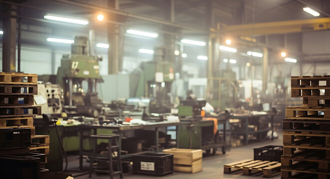 Blurred image of a manufacturing factory interior with green industrial machinery, bright lights, and stacked wooden pallets