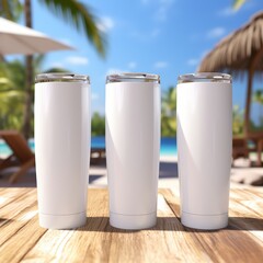 Three sleek white tumblers on a wooden table, surrounded by a tropical setting with palm trees and a sunny beach in the background.