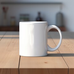 A simple white mug sits on a wooden table, showcasing a minimalist design in a cozy setting, perfect for beverages.