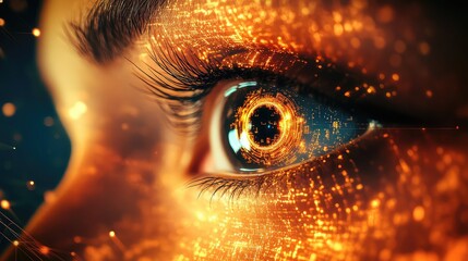 Human eye perceiving artificial intelligence and digital data