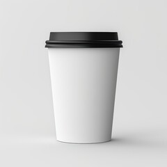 A plain white coffee cup with a black lid rests on a light background, perfect for branding or design purposes.