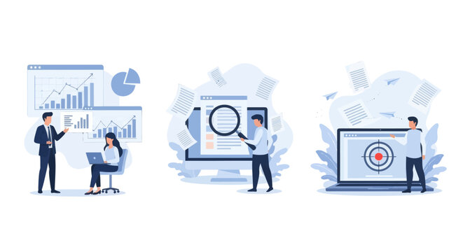 Project development specifications concept, Business analysis, software requirement description, vision and scope document, set flat vector modern illustration