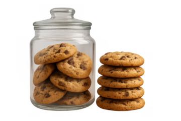Chocolate chip cookies filling a glass jar and stacked next to it, delicious baked desserts on transparent background