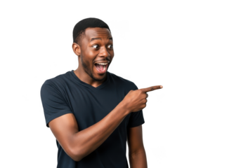 Excited black man with wide eyes and open mouth pointing to the side isolated on transparent background
