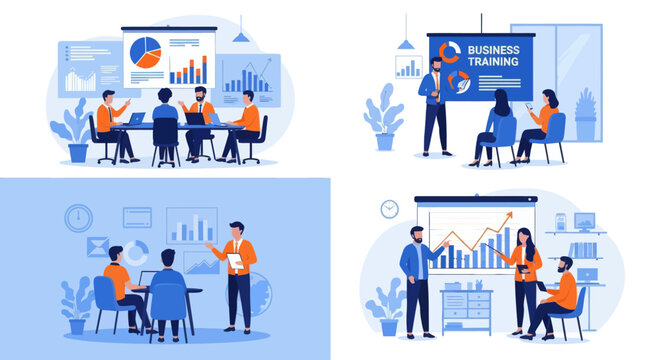 People at business training look at presentation with graphics. Business training or courses concept. Business training landing page. Set flat vector modern illustration