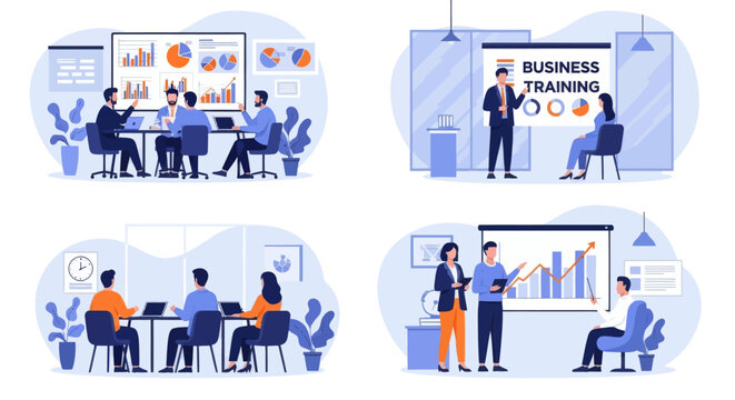 People at business training look at presentation with graphics. Business training or courses concept. Business training landing page. Set flat vector modern illustration