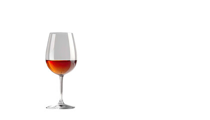 Wineglass contains reddish amber liquid on black background