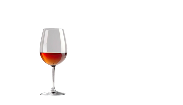 Wineglass contains reddish amber liquid on black background