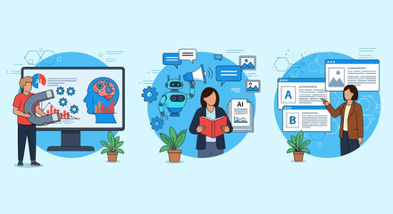 Man with computer. AI-Enhanced Automated Customer Engagement. A-B Testing and AI-Refined Marketing.