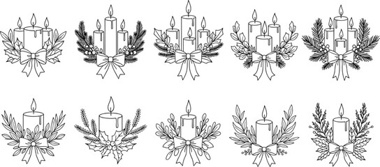 Set of Christmas Candle Wreath Line Art Silhouettes, Featuring Pine Branches, Holly Berries, and Ribbon Bows, Holiday Decoration Flat Vector Illustration