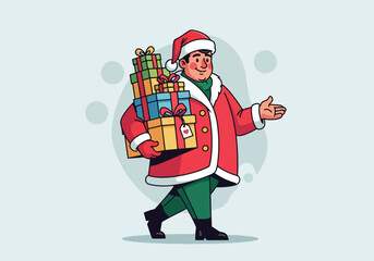 A cartoon man dressed as Santa Claus carries a stack of colorful wrapped Christmas gifts.