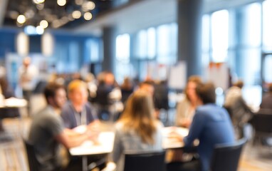 Professional Workshop Breakout Blur: A training workshop with blurred breakout groups discussing tasks. High quality. High quality