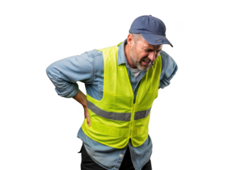A construction worker wearing a bright yellow safety vest and blue cap grimaces in pain holding his lower back isolated on transparent background