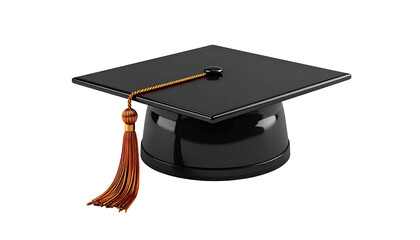 Glossy black graduation cap with gold tassel, isolated on black