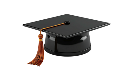 Glossy black graduation cap with gold tassel, isolated on black