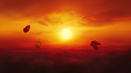 Dark fall orange sunset, red orange to yellow, no clouds in the sky, one fall leaf on each side falling