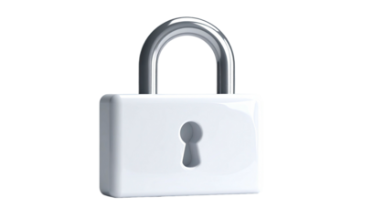 Shiny, white padlock with chrome shackle on a black background