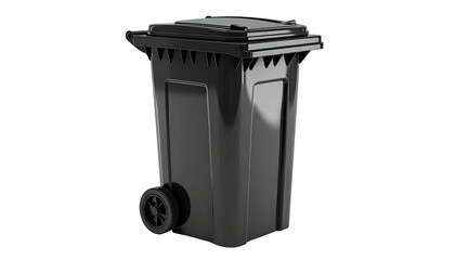 Matte black wheeled trash bin with lid against black background