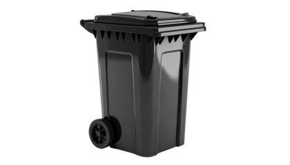 Matte black wheeled trash bin with lid against black background
