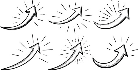 Black and white sketch of six curved arrows pointing in various directions