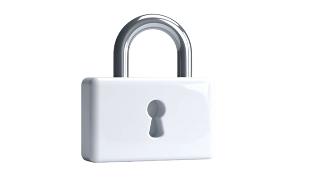 Shiny, white padlock with chrome shackle on a black background