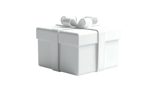 A white gift box with ribbon on black background