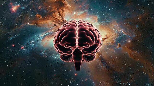 A glowing human brain floats in the vast, colorful expanse of a cosmic nebula, symbolizing thought, consciousness, and the universe's mysteries.