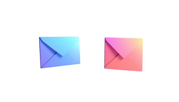 Two softly lit envelopes, one blue, one pink, on black