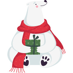 A Cute Polar Bear Wearing a Red Scarf with White Polka Dots Holds a Green Gift Box and Sits Happily with a Transparent Background Perfect for Holiday Season or Winter Themes