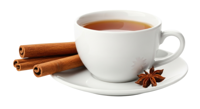 White coffee mug with cinnamon sticks and star anise transparent background cutout png
