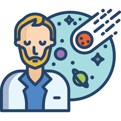 Bearded Male Scientist in White Lab Coat with Closed Eyes Standing Next to a Colorful Galaxy Illustration with Planets and a Comet in the Background