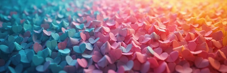 Background filled with small heart shapes, transitioning from cool blue to warm orange. This abstract pattern suits love, celebration, and design themes.