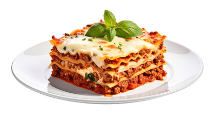 Layered lasagna on white plate with basil garnish
