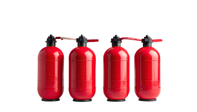Four red, cylindrical bottles with levers, black background