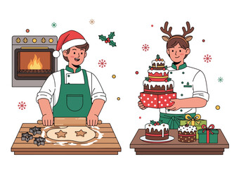 Two bakers preparing Christmas treats; one rolling dough, the other holding a tiered cake and gifts.