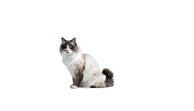 Seated cat, fluffy, long hair, predominantly white, dark face mask