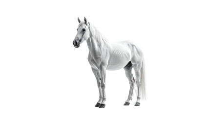 Sleek, white horse standing alert against a black background