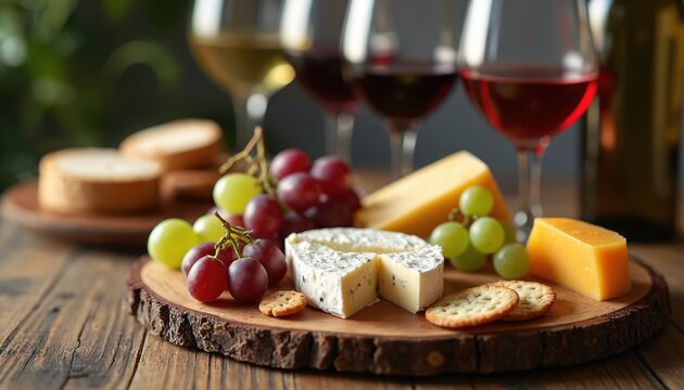 Assorted cheeses and fruits with wine glasses create a rich culinary display. This elegant food pairing offers a delightful taste experience.