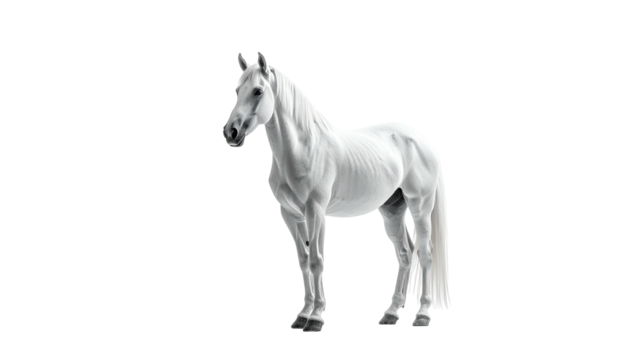 Sleek, white horse standing alert against a black background