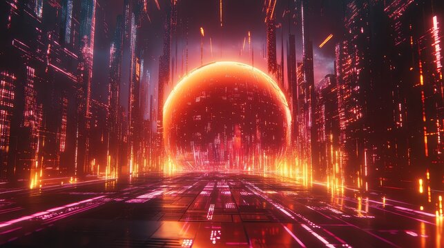 Cyberpunk cityscape with glowing red digital sphere
