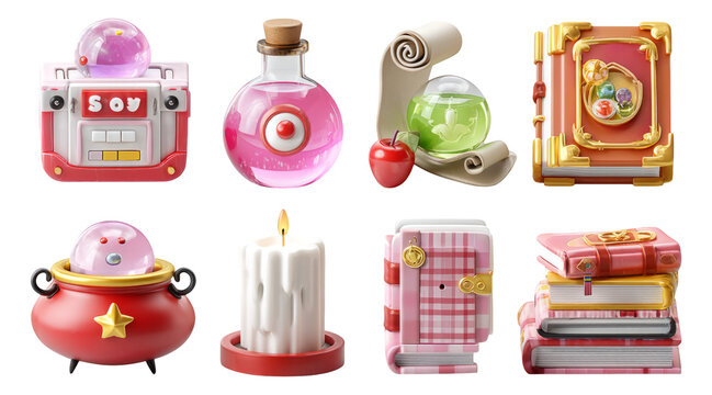 Colorful Fantasy Potions and Alchemy Items on Transparent Background